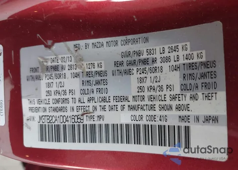 2013 Mazda Cx-9 Touring z USA, uszkodzony, nr VIN JM3TB2CA1D0416059